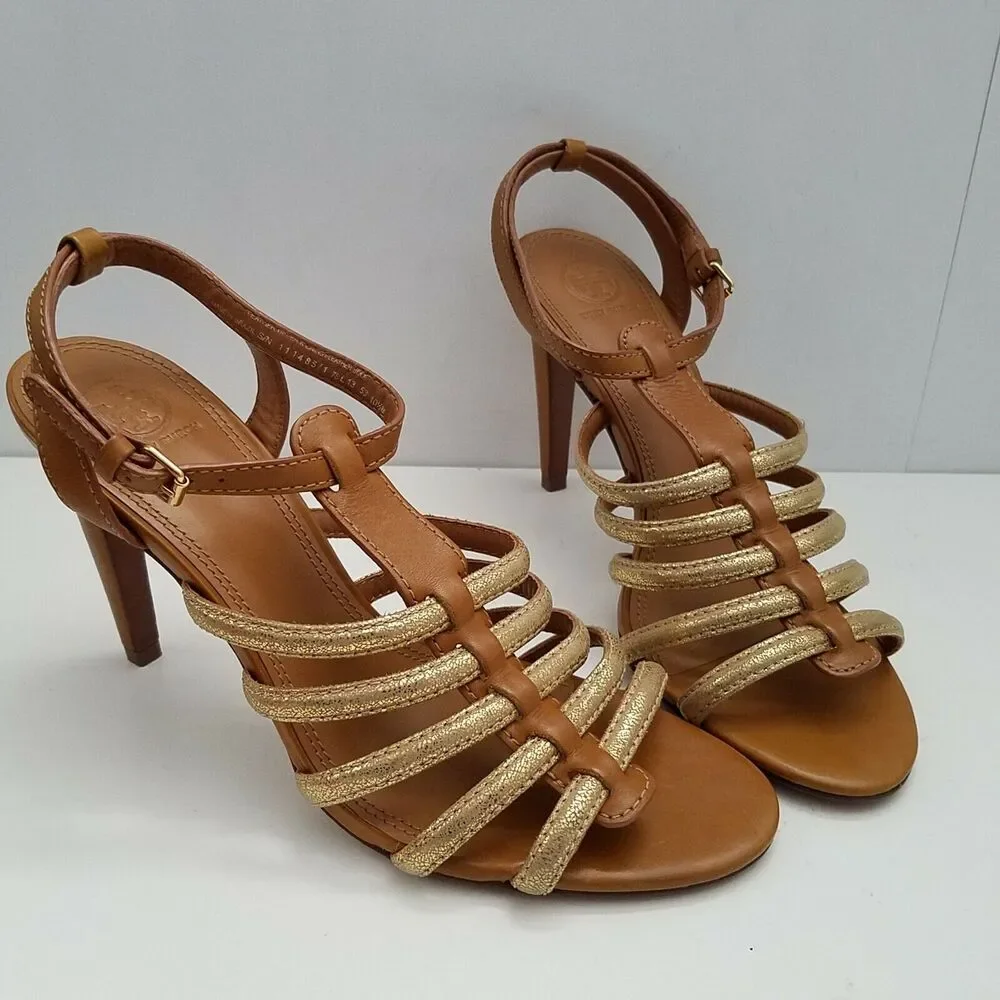 Tory Burch Women sandals High Heel Brown gold leather strappy Charlene 10.5 new